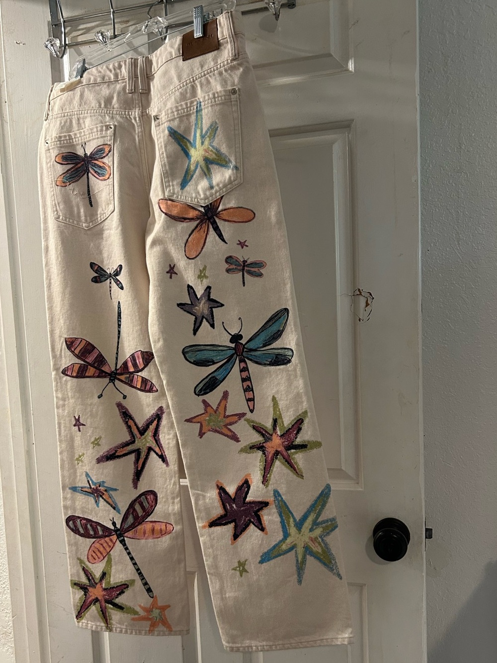 Free People Cream Wide-Leg Jeans with Multicolor Dragonflies - Picture 2 of 2